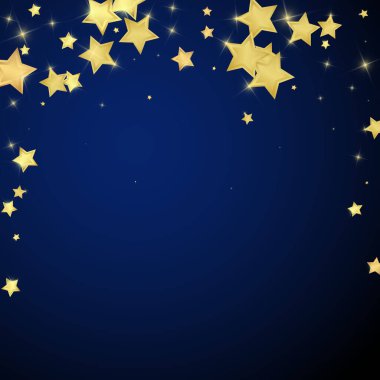 Sihirli yıldızlar vektör kaplaması. Altın yıldızlar rasgele etrafa saçılmış, düşüyor, yüzüyor. Kaotik rüya gibi çocuksu bir şablon. Koyu mavi arkaplanda vektör büyüsü.