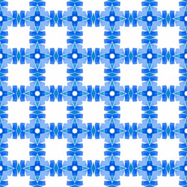 Madalyon pürüzsüz desen. Mavi kusursuz boho şık yaz tasarımı. Suluboya madalyonu, kusursuz sınır. Tekstil hazır orijinal baskı, mayo kumaş, duvar kağıdı, ambalaj..