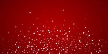 Yılbaşı arka planında kar yağışı var. İnce uçan kar taneleri ve kırmızı arka plandaki yıldızlar. Karlı bayram örtüsü. Geniş vektör illüstrasyonu.