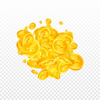 Indian rupee coins falling. Scattered gold INR coins. India money. Global financial crisis concept. Square vector illustration.