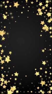 Sihirli yıldızlar vektör kaplaması. Altın yıldızlar rasgele etrafa saçılmış, düşüyor, yüzüyor. Kaotik rüya gibi çocuksu bir şablon. Siyah arkaplanda mucizevi yıldızlı gece vektörü.