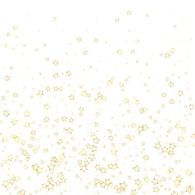 Altın parıldayan yıldız konfetisi. Kaotik rüya gibi çocuksu bir şablon. Beyaz arkaplanda şenlikli yıldız vektör çizimi.