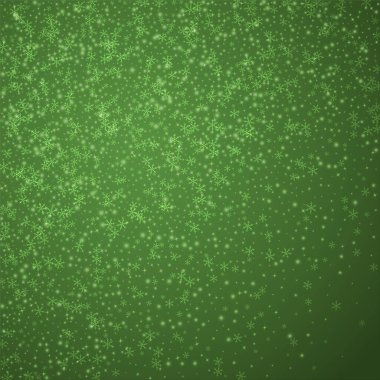Karlı bir Noel geçmişi var. İnce uçan kar taneleri ve yeşil arka plandaki yıldızlar. Narin, tatlı, karlı bir Noel. Kare vektör illüstrasyonu.