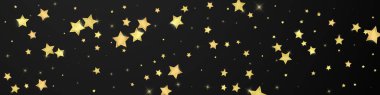 Sihirli yıldızlar vektör kaplaması. Altın yıldızlar rasgele etrafa saçılmış, düşüyor, yüzüyor. Kaotik rüya gibi çocuksu bir şablon. Siyah arka planda sihirli yıldızlı büyüleyici vektör.