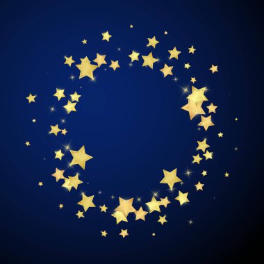 Sihirli yıldızlar vektör kaplaması. Altın yıldızlar rasgele etrafa saçılmış, düşüyor, yüzüyor. Kaotik rüya gibi çocuksu bir şablon. Koyu mavi arkaplanda vektör büyüsü.