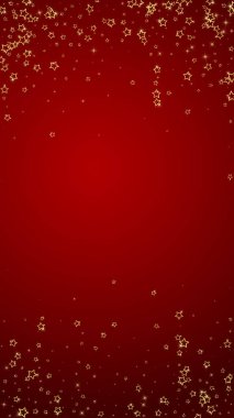 Parıldayan yıldızlar rastgele dağılmış, uçuyor, düşüyor, yüzüyor. Noel kutlaması kavramı. Kırmızı arkaplanda kutlama yıldızları vektör çizimi.