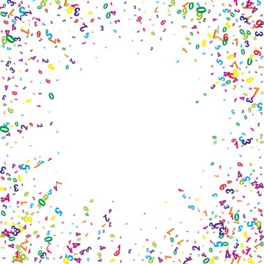 Dağınık numaralar. Renkli çocuksu parmaklar kaotik uçuyor. Beyaz arka planda matematik afişi. Düşen sayılar vektör illüstrasyonu.