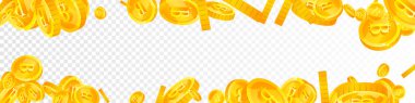 Bitcoin paraları düşüyor. Kripto para birimi etrafa saçılmış altın BTC paralar. İnternet para birimi. Büyük iş başarısı konsepti. Panoramik vektör çizimi.