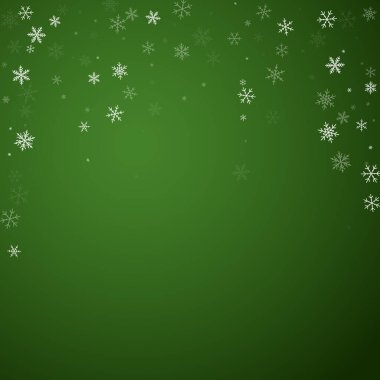 Sihirli kar yağışı arkaplanı. İnce uçan kar taneleri ve yeşil arka plandaki yıldızlar. Sihirli yağan kar tatili manzarası. Kare vektör illüstrasyonu.