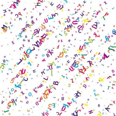 İngilizce 'nin harfleri düşüyor. Latin alfabesinin renkli, çocuksu uçan karakterleri. Yabancı diller öğrenim kavramı. Beyaz arkaplanda okul afişine geri dön.