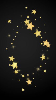 Sihirli yıldızlar vektör kaplaması. Altın yıldızlar rasgele etrafa saçılmış, düşüyor, yüzüyor. Kaotik rüya gibi çocuksu bir şablon. Siyah arka planda sihirli yıldızlı büyüleyici vektör.