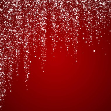 Güzel kar yağışı arkaplanı. İnce uçan kar taneleri ve kırmızı arka plandaki yıldızlar. Güzel kar yağışı şablonu. Kare vektör illüstrasyonu.