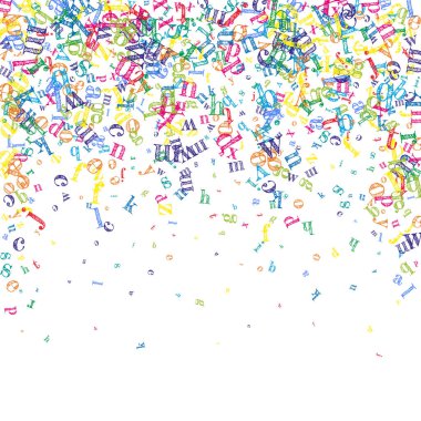 Okul not defteri kapağı. Latin alfabesinin renkli yüzen harfleri. Yabancı diller öğrenim kavramı. Beyaz arkaplanda okul afişine geri dön.