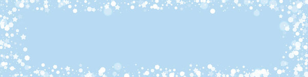 Magic falling snow christmas background. Subtle flying snow flakes and stars on light blue winter backdrop. Magic falling snow holiday scenery.   Panoramic vector illustration.