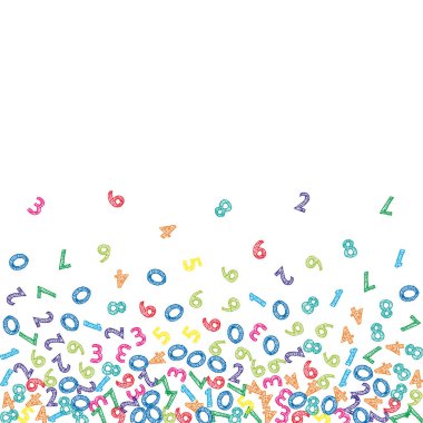 Renkli çizim numaraları düşüyor. Uçan parmaklarla matematik çalışma konsepti. Beyaz arkaplandaki matematik afişine geri dönelim. Düşen numaralar illüstrasyonu.