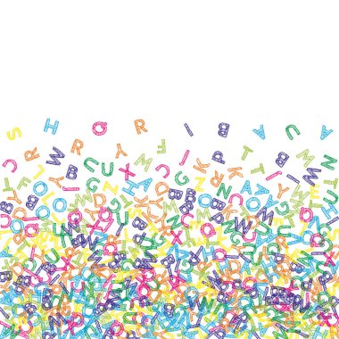 İngilizce 'nin harfleri düşüyor. Latin alfabesinin renkli çizimleri. Yabancı diller öğrenim kavramı. Beyaz arkaplanda okul afişine duygusal dönüş.