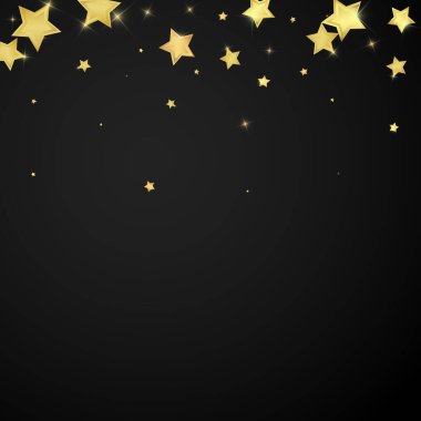 Sihirli yıldızlar vektör kaplaması. Altın yıldızlar rasgele etrafa saçılmış, düşüyor, yüzüyor. Kaotik rüya gibi çocuksu bir şablon. siyah arkaplan.