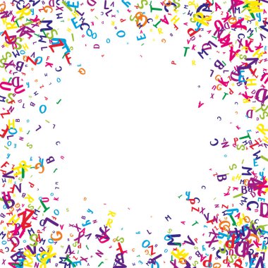 Okul not defteri kapağı. Latin alfabesinin renkli yüzen harfleri. Yabancı diller öğrenim kavramı. Beyaz arkaplanda okul afişine geri dön.