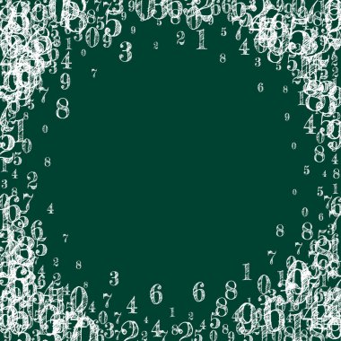Okul geçmişi kavramı. Beyaz tebeşir sayıları ve rakamlar düşüyor. Tahta arka planda matematik afişi var. Düşen sayılar vektör illüstrasyonu.