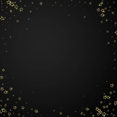 Yıldızlı gece masalı geçmişi. Şirin ışıltılı parıltılar, havada Noel ruhu. Siyah arkaplanda kutlama yıldızları vektör çizimi.