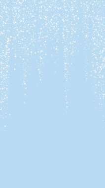 Yılbaşı arka planında kar yağışı var. Hafif uçan kar taneleri ve açık mavi kış arka planındaki yıldızlar. Karlı bayram örtüsü. Dikey vektör illüstrasyonu.