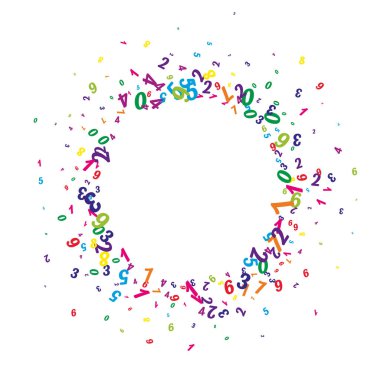 Rengarenk sayılar düşüyor. Uçan parmaklarla matematik çalışma konsepti. Beyaz arka planda matematik afişi. Düşen sayılar vektör illüstrasyonu.