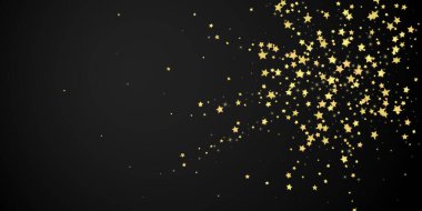 Sihirli yıldızlar vektör kaplaması. Altın yıldızlar rasgele etrafa saçılmış, düşüyor, yüzüyor. Kaotik rüya gibi çocuksu bir şablon. Siyah arka planda sihirli yıldızlı büyüleyici vektör.