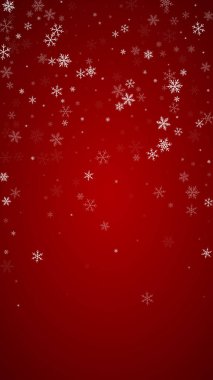 Sihirli kar yağışı arkaplanı. İnce uçan kar taneleri ve kırmızı arka plandaki yıldızlar. Sihirli yağan kar tatili manzarası. Dikey vektör illüstrasyonu.