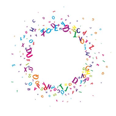 İngilizce 'nin harfleri düşüyor. Latin alfabesinin renkli, çocuksu uçan karakterleri. Yabancı diller öğrenim kavramı. Beyaz arkaplanda okul afişine geri dön.