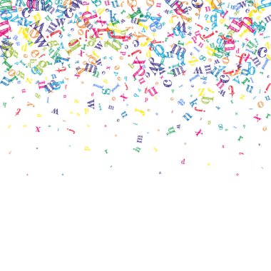 Dağınık Latin alfabesi harfleri. İngiliz dilinin renkli yüzen karakterleri. Yabancı diller öğrenim kavramı. Beyaz arkaplanda okul afişine geri dön.