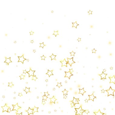 Altın parıldayan yıldız konfetisi. Kaotik rüya gibi çocuksu bir şablon. Beyaz arkaplanda şenlikli yıldız vektör çizimi.