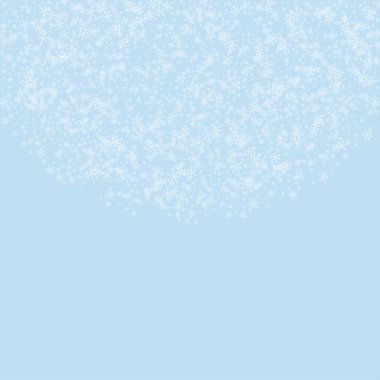 Güzel kar yağışı arkaplanı. Hafif uçan kar taneleri ve açık mavi kış arka planındaki yıldızlar. Güzel kar yağışı şablonu. Kare vektör illüstrasyonu.