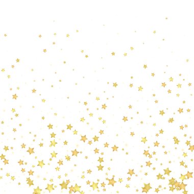 Sihirli yıldızlar vektör kaplaması. Altın yıldızlar rasgele etrafa saçılmış, düşüyor, yüzüyor. Kaotik rüya gibi çocuksu bir şablon. Beyaz arkaplanda büyülü gece gökyüzü.