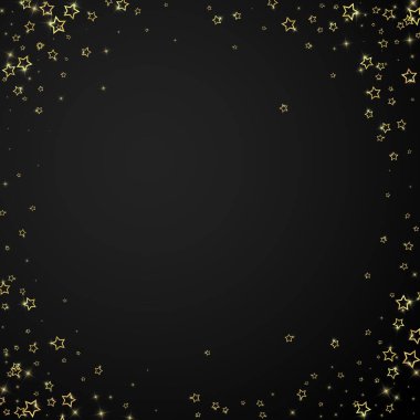 Yıldızlı gece masalı geçmişi. Şirin ışıltılı parıltılar, havada Noel ruhu. Siyah arkaplanda kutlama yıldızları vektör çizimi.