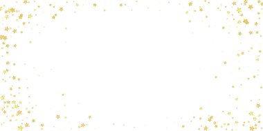 Sihirli yıldızlar vektör kaplaması. Altın yıldızlar rasgele etrafa saçılmış, düşüyor, yüzüyor. Kaotik rüya gibi çocuksu bir şablon. Beyaz arkaplanda vektör peri masalı.