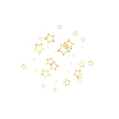 Altın parıldayan yıldız konfetisi. Kaotik rüya gibi çocuksu bir şablon. Beyaz arkaplanda şenlikli yıldız vektör çizimi.