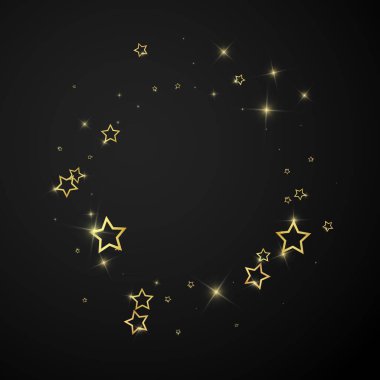 Altın parıldayan yıldız konfetisi. Kaotik rüya gibi çocuksu bir şablon. Siyah arkaplanda kutlama yıldızları vektör çizimi.