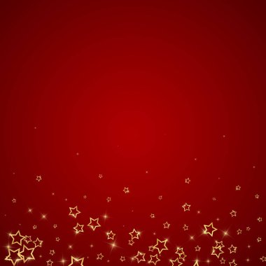 Noel yıldızları vektör kaplaması. Sihirli yıldızlar lüks konfeti. Noel ruhu. Kırmızı arkaplanda kutlama yıldızları vektör çizimi.