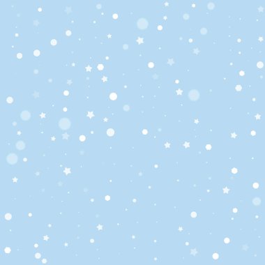 Sihirli kar yağışı arkaplanı. Hafif uçan kar taneleri ve açık mavi kış arka planındaki yıldızlar. Sihirli yağan kar tatili manzarası. Kare vektör illüstrasyonu.
