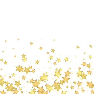 Sihirli yıldızlar vektör kaplaması. Altın yıldızlar rasgele etrafa saçılmış, düşüyor, yüzüyor. Kaotik rüya gibi çocuksu bir şablon. beyaz arkaplan.