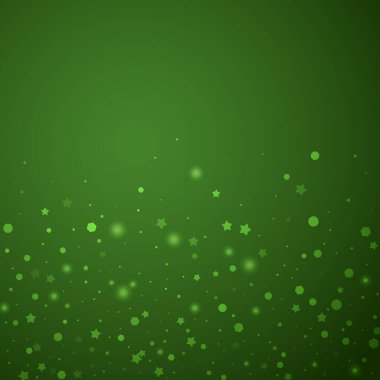 Yılbaşı arka planında kar yağışı var. İnce uçan kar taneleri ve yeşil arka plandaki yıldızlar. Karlı bayram örtüsü. Kare vektör illüstrasyonu.