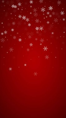 Güzel kar yağışı arkaplanı. İnce uçan kar taneleri ve kırmızı arka plandaki yıldızlar. Güzel kar yağışı şablonu. Dikey vektör illüstrasyonu.