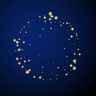 Sihirli yıldızlar vektör kaplaması. Altın yıldızlar rasgele etrafa saçılmış, düşüyor, yüzüyor. Kaotik rüya gibi çocuksu bir şablon. koyu mavi arkaplanda.