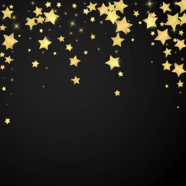 Sihirli yıldızlar vektör kaplaması. Altın yıldızlar rasgele etrafa saçılmış, düşüyor, yüzüyor. Kaotik rüya gibi çocuksu bir şablon. Siyah arkaplanda büyülü karikatür gece gökyüzü.