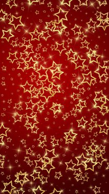 Parıldayan yıldızlar rastgele dağılmış, uçuyor, düşüyor, yüzüyor. Noel kutlaması kavramı. Kırmızı arkaplanda kutlama yıldızları vektör çizimi.