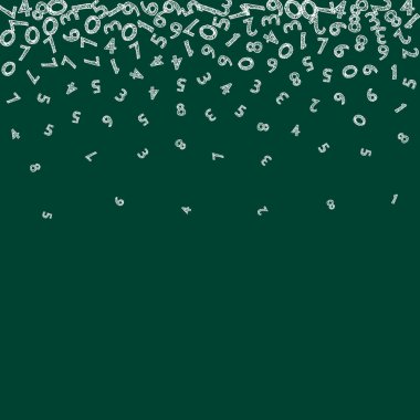 Düşen tebeşir numaraları. Uçan parmaklarla matematik çalışma konsepti. Karatahta arka planında okul matematik afişi var. Düşen numaralar illüstrasyonu.