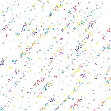 Okul not defteri kapağı. Latin alfabesinin renkli yüzen harfleri. Yabancı diller öğrenim kavramı. Beyaz arkaplanda okul afişine geri dön.