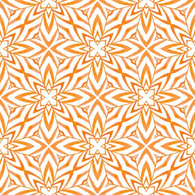 Etnik elle boyanmış desen. Turuncu çekici boho şık yaz tasarımı. Suluboya yaz etnik sınır düzeni. Tekstil hazır baskı, mayo kumaş, duvar kağıdı, ambalaj..