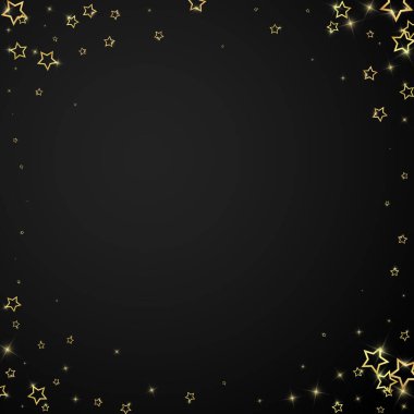Altın parıldayan yıldız konfetisi. Kaotik rüya gibi çocuksu bir şablon. Siyah arkaplanda kutlama yıldızları vektör çizimi.