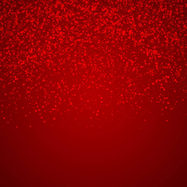 Sihirli kar yağışı arkaplanı. İnce uçan kar taneleri ve kırmızı arka plandaki yıldızlar. Sihirli yağan kar tatili manzarası. Kare vektör illüstrasyonu.